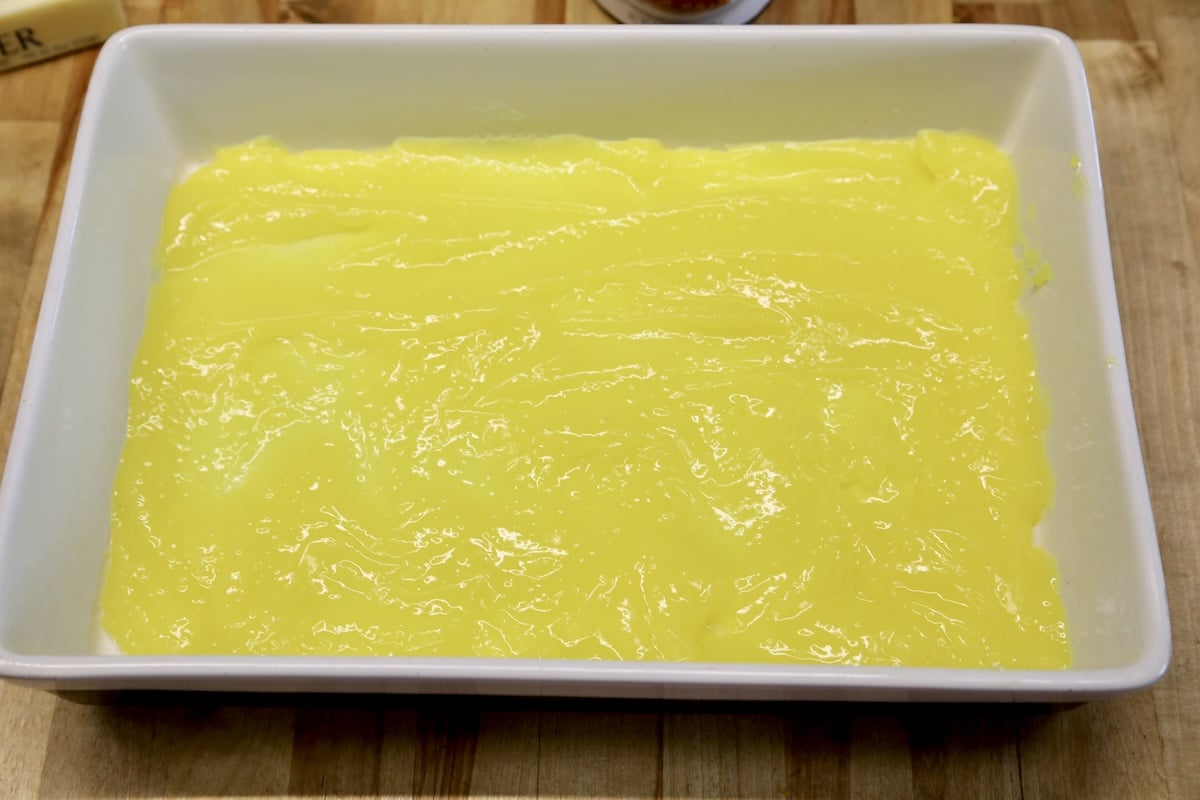 Lemon pie filling in a baking dish.