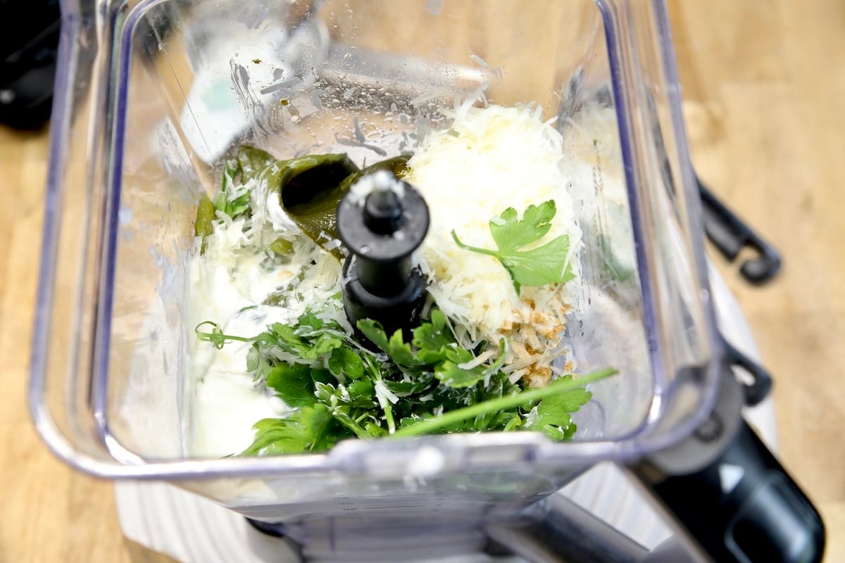 Poblano sauce in a blender.