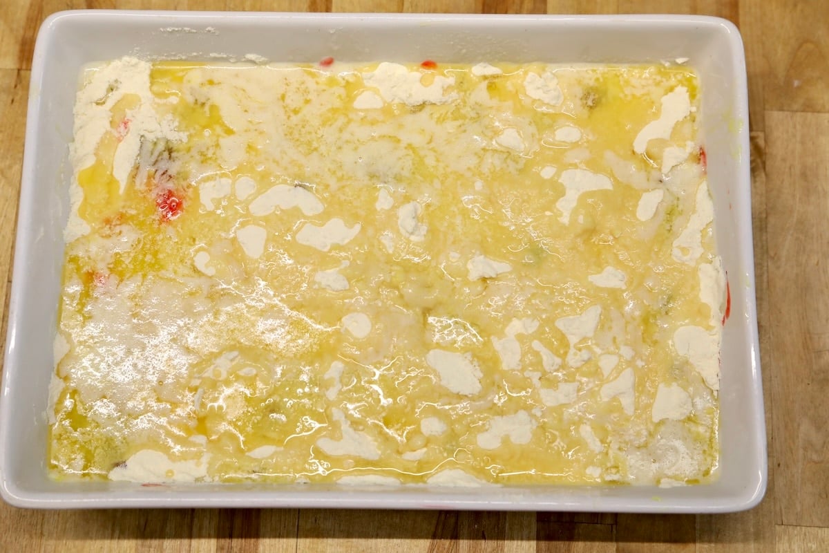 Melted butter over dry cake mix for dump cake.