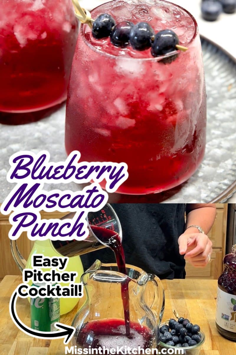 Collage: blackberry wine punch in glass - making in a pitcher.