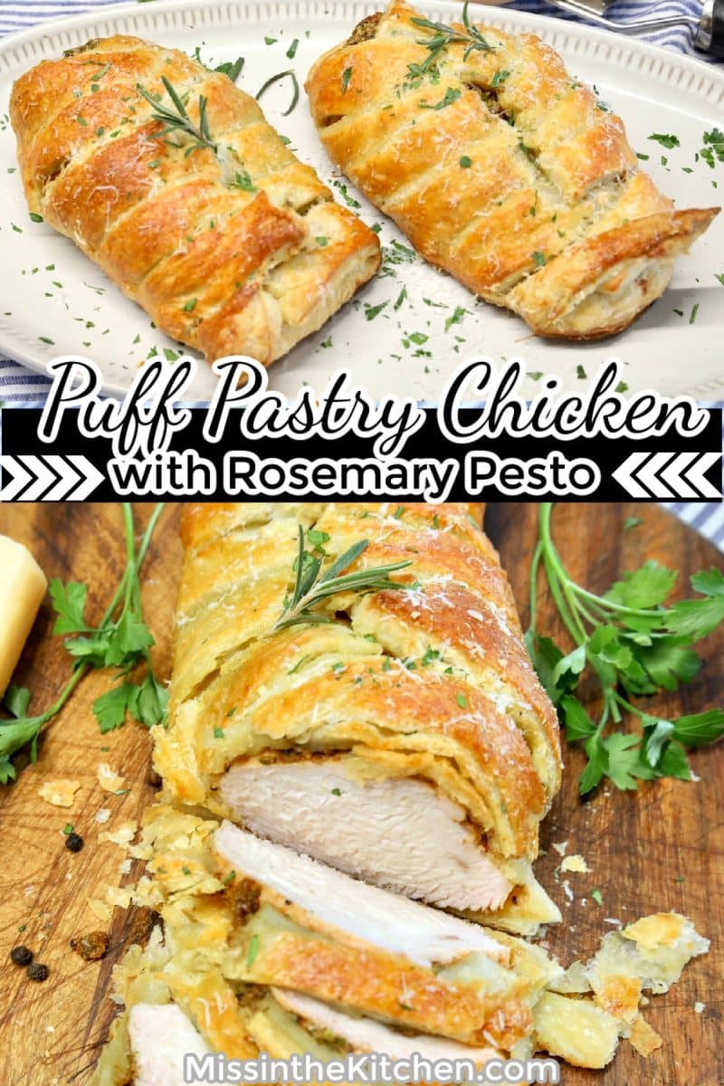 Puff pastry chicken on a platter/sliced chicken.