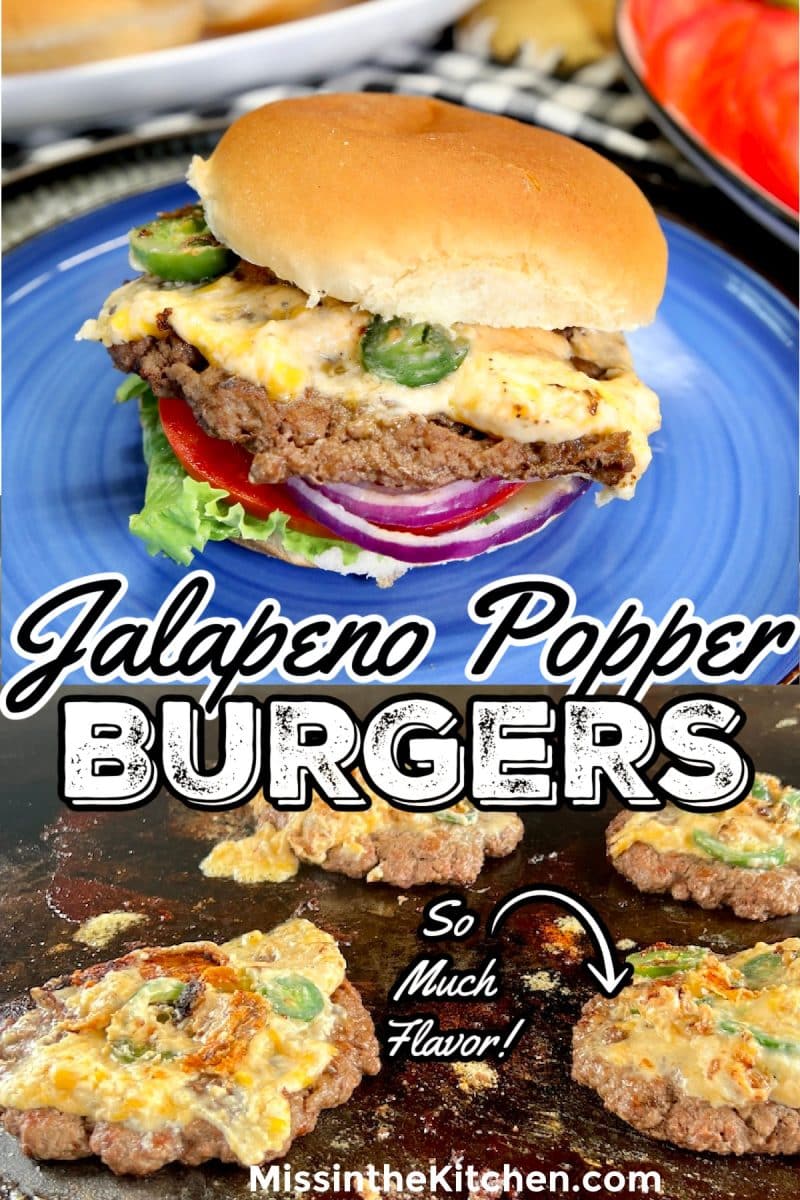 Collage: Jalapeno popper burgers: plated/patties on griddle.
