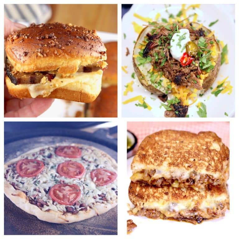 Collage of leftover brisket recipes: slider, baked potato, pizza, grilled cheese.