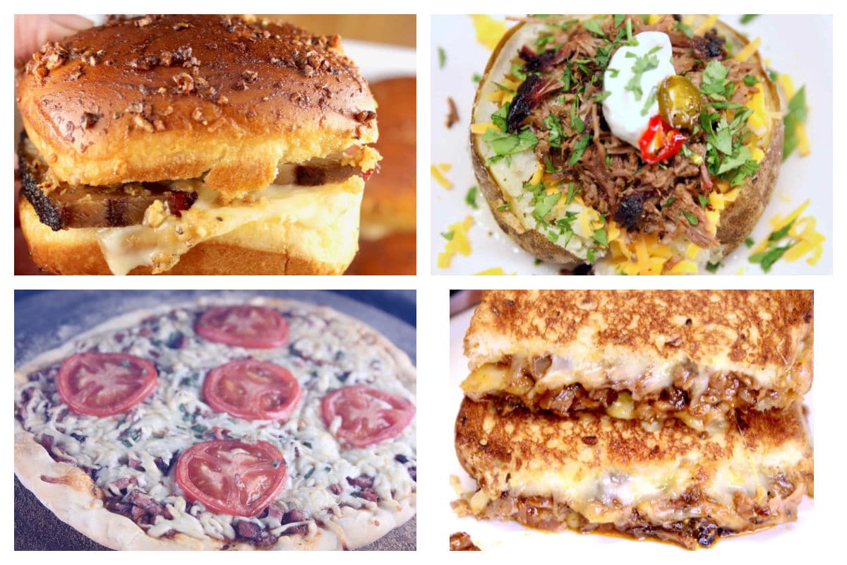 Leftover brisket recipes collage: sandwich, baked potato, pizza, grilled cheese.
