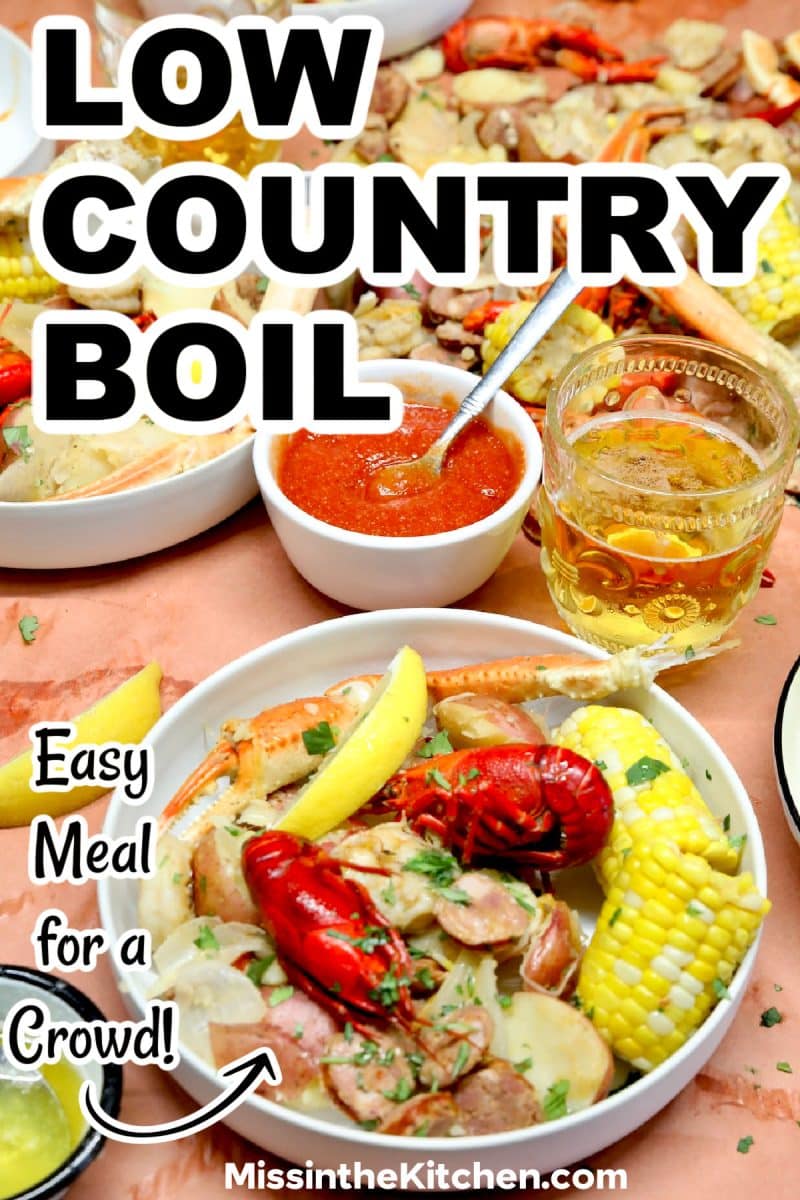 Low country boil in a bowl - text overlay.