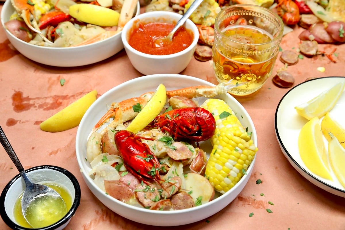 Low country boil in a bowl.