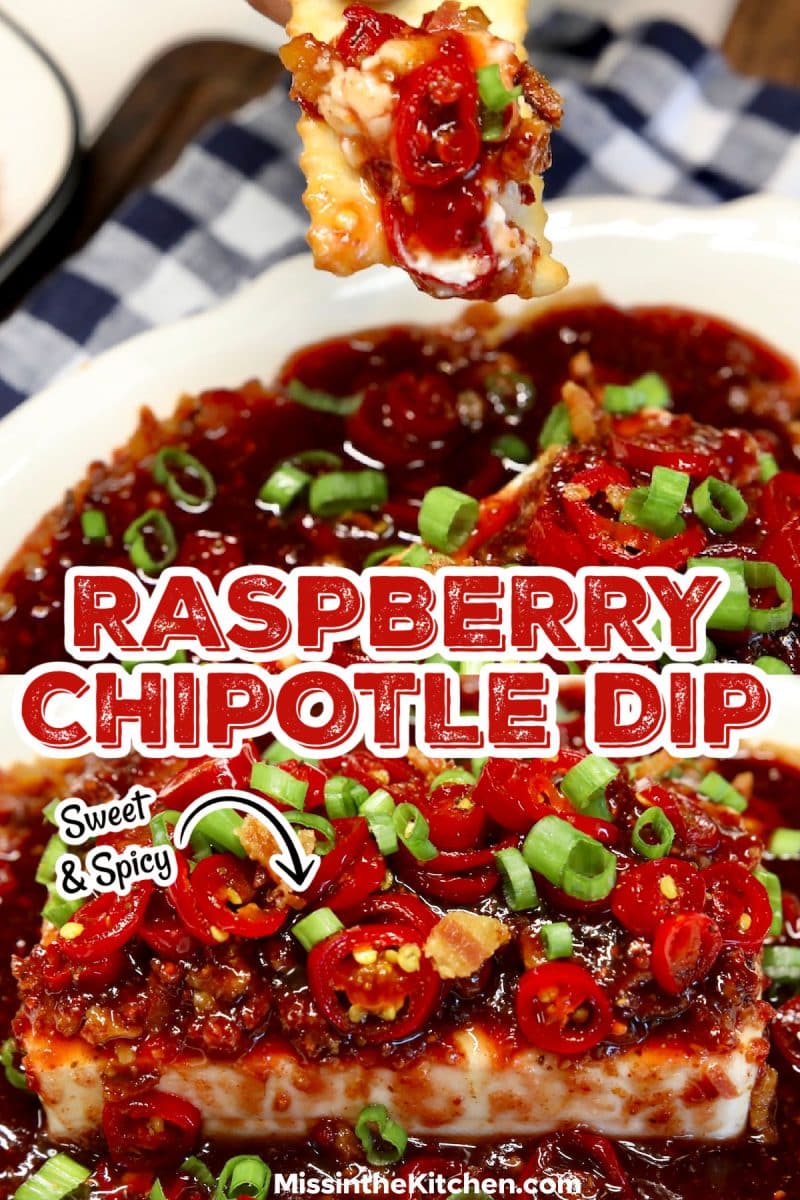 Raspberry chipotle dip with text overlay.