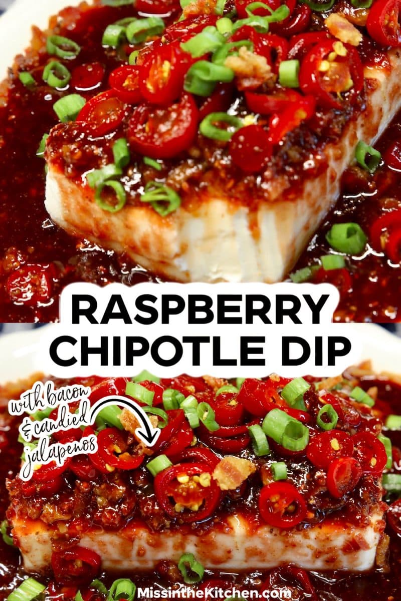 Collage: raspberry chipotle dip - text overlay.