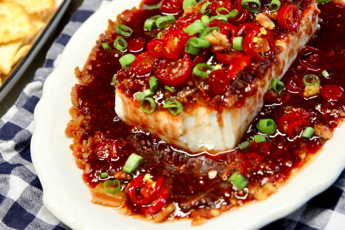Cream cheese appetizer with raspberry sauce.