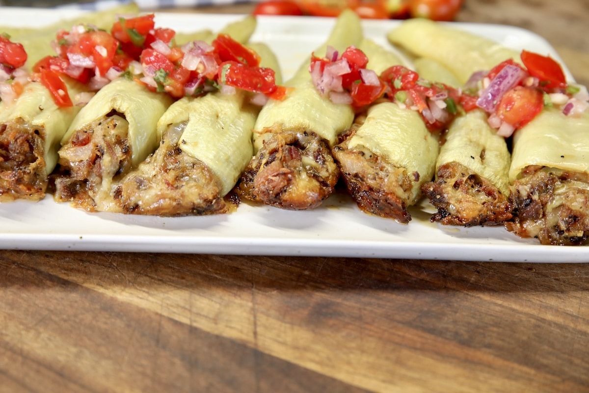 Platter of brisket stuffed banana peppers.