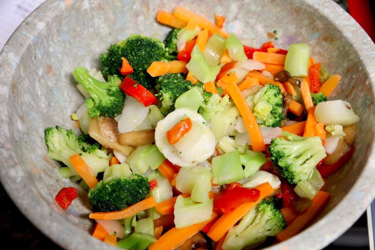 Stir fry vegetables in a bowl.