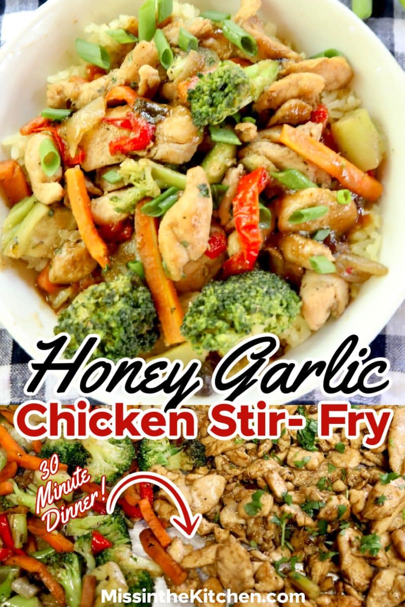Collage: Chicken stir fry in bowl/sheet pan - text overlay.