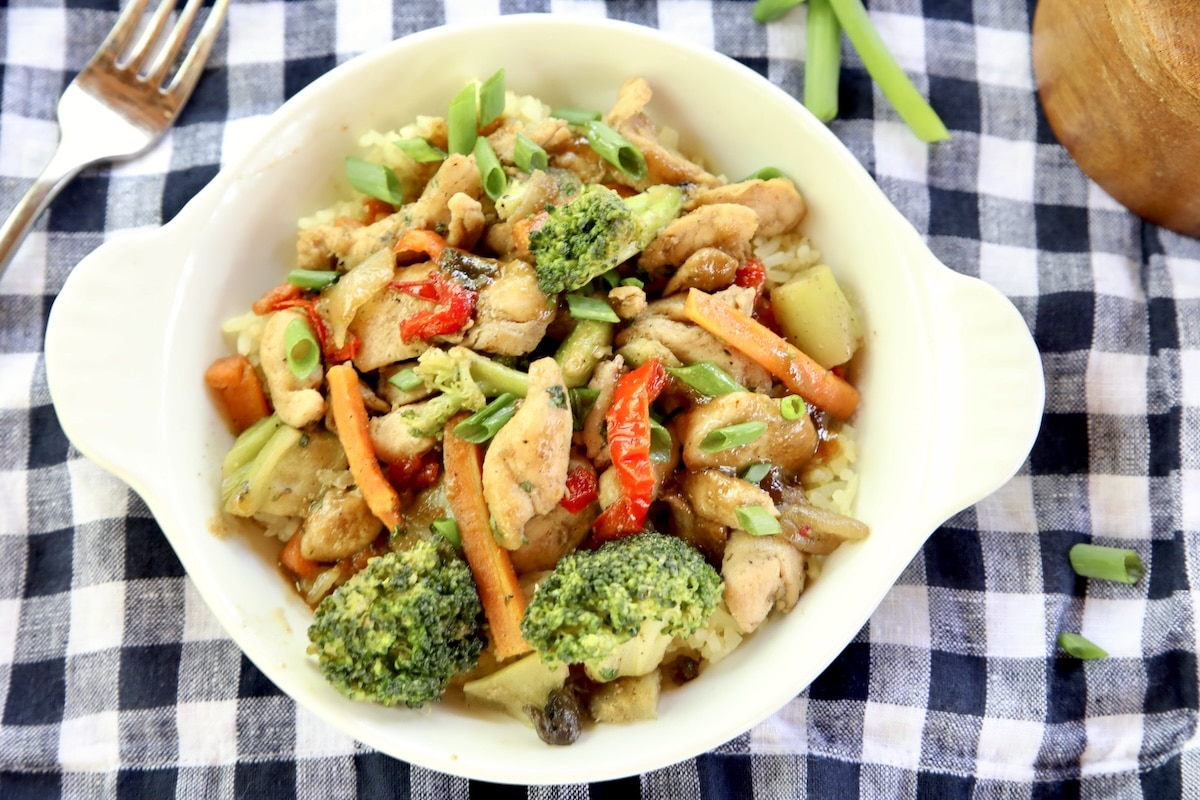 Honey Garlic chicken stir fry in a bowl.