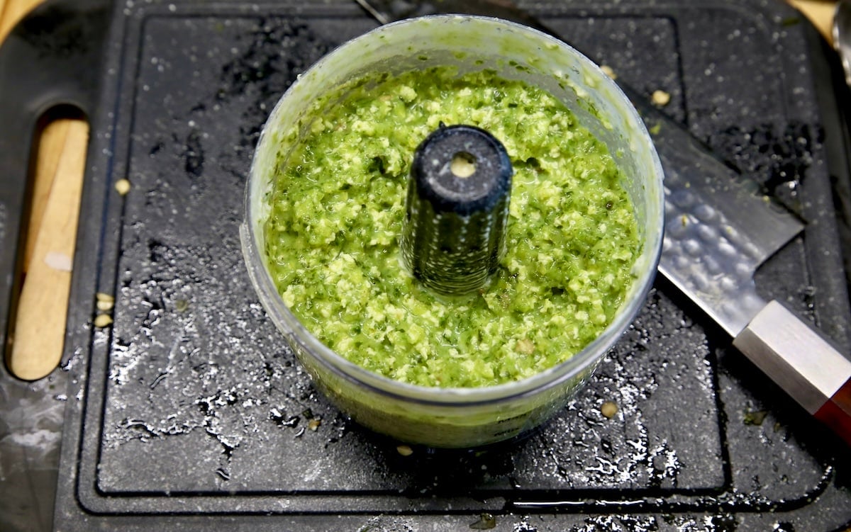 Blended poblano peppers and cream in a small processor.