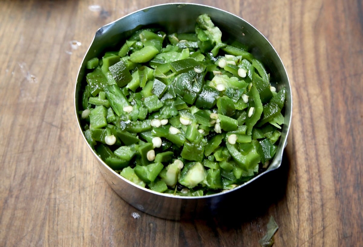 Chopped poblano peppers.