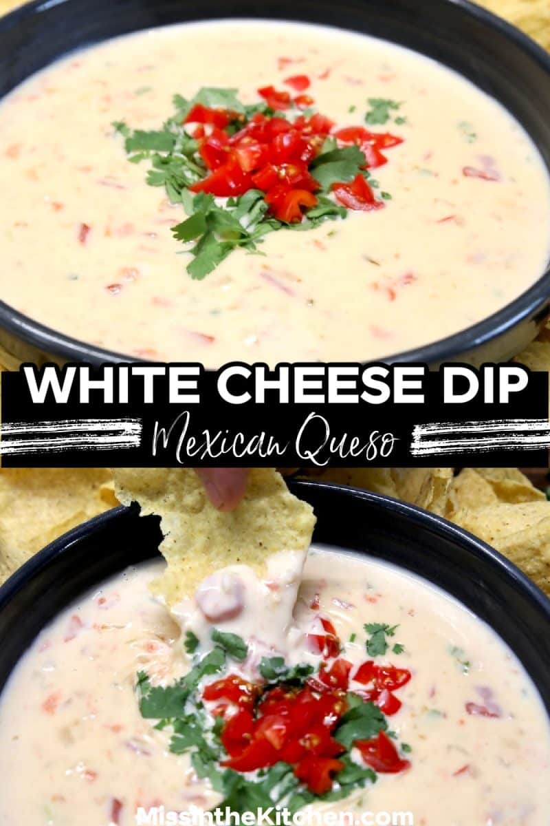Collage - white cheese dip - dipping with chip - text overlay.