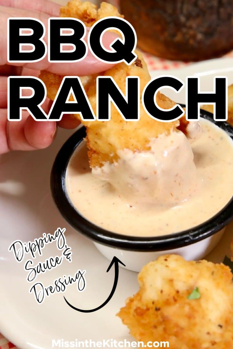 Chicken tender dipping in bbq ranch- text overlay.