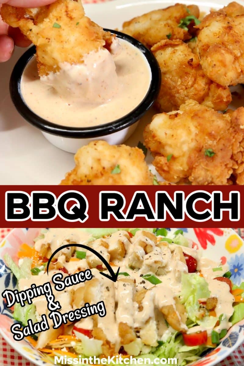 BBQ Ranch collage: chicken dipping in sauce/ salad.