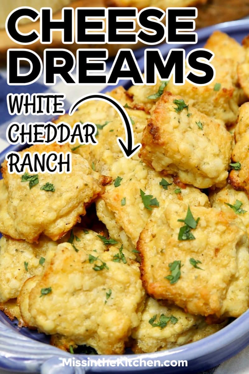 Platter of cheese dreams appetizers - text overlay.