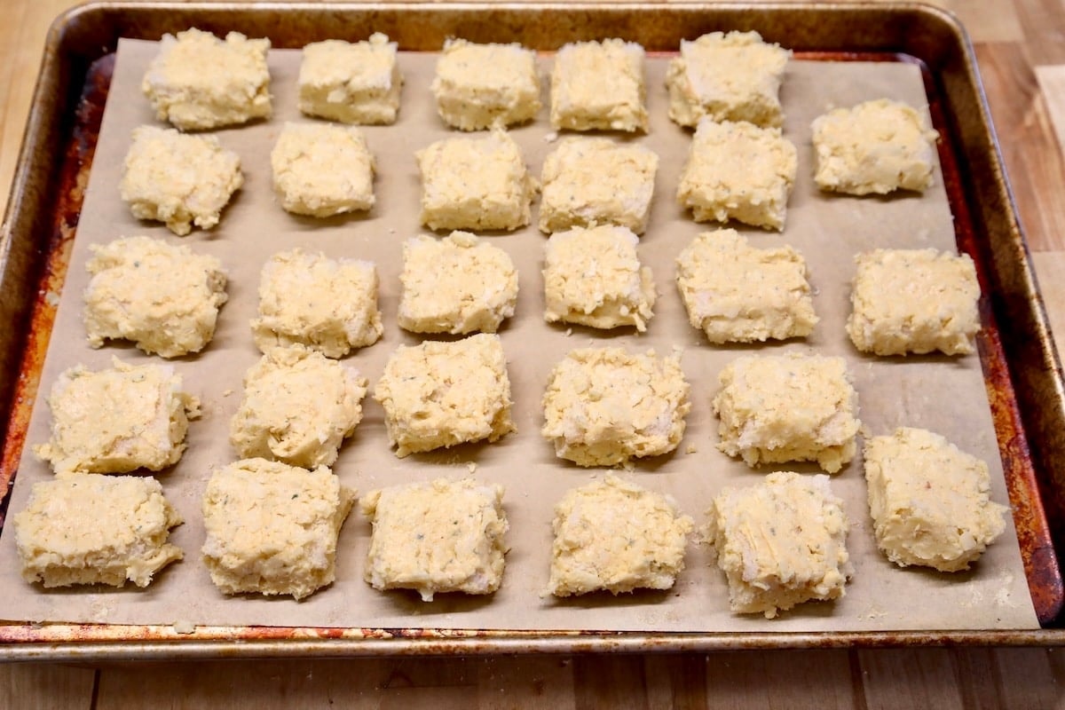 Sheet pan of unbaked cheese dreams.
