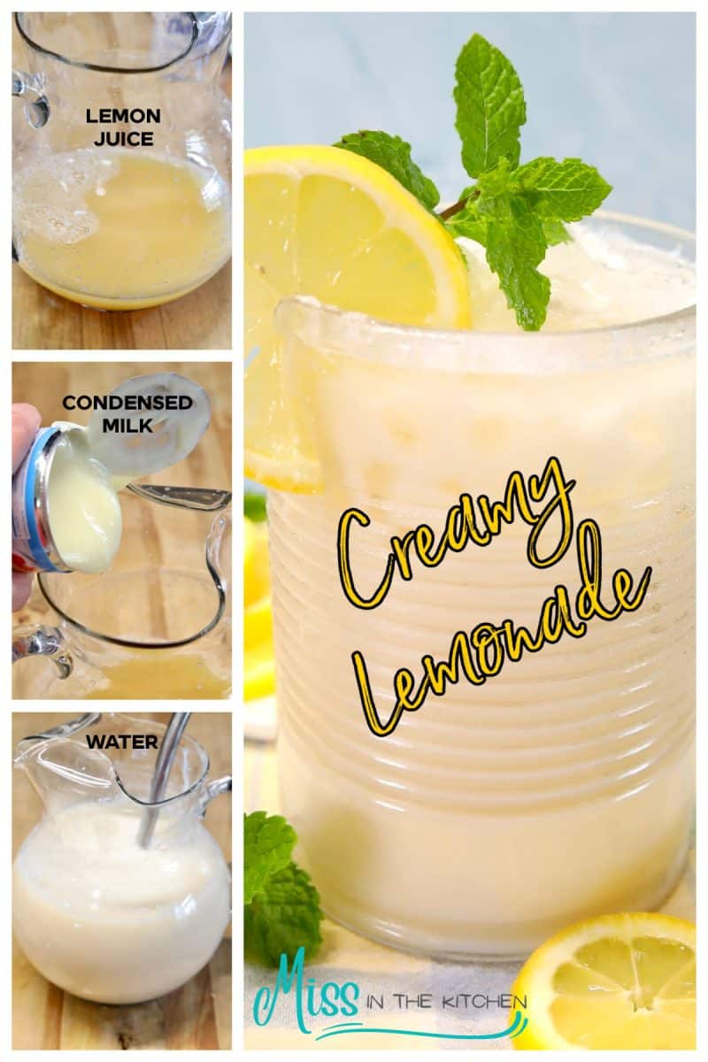 Creamy lemonade in a glass - collage of adding ingredients into pitcher.