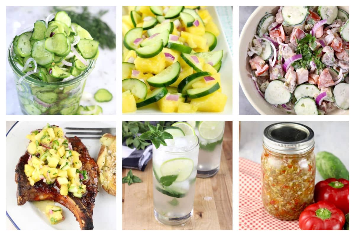 Collage of cucumber recipes.