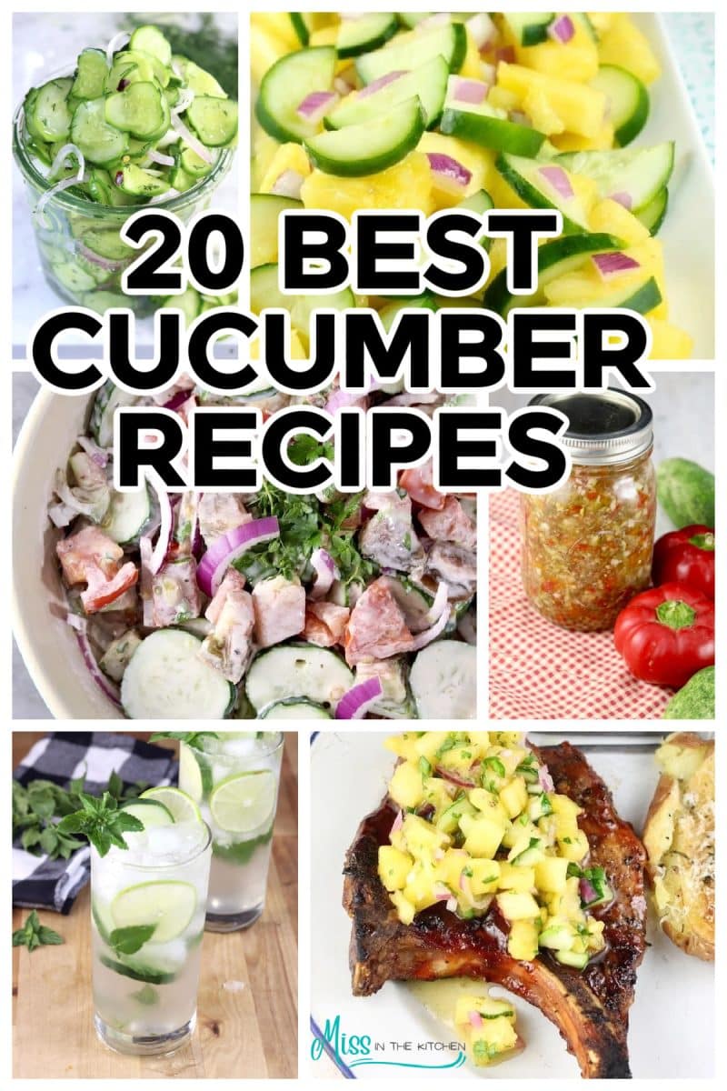 Cucumber recipes collage with text overlay.