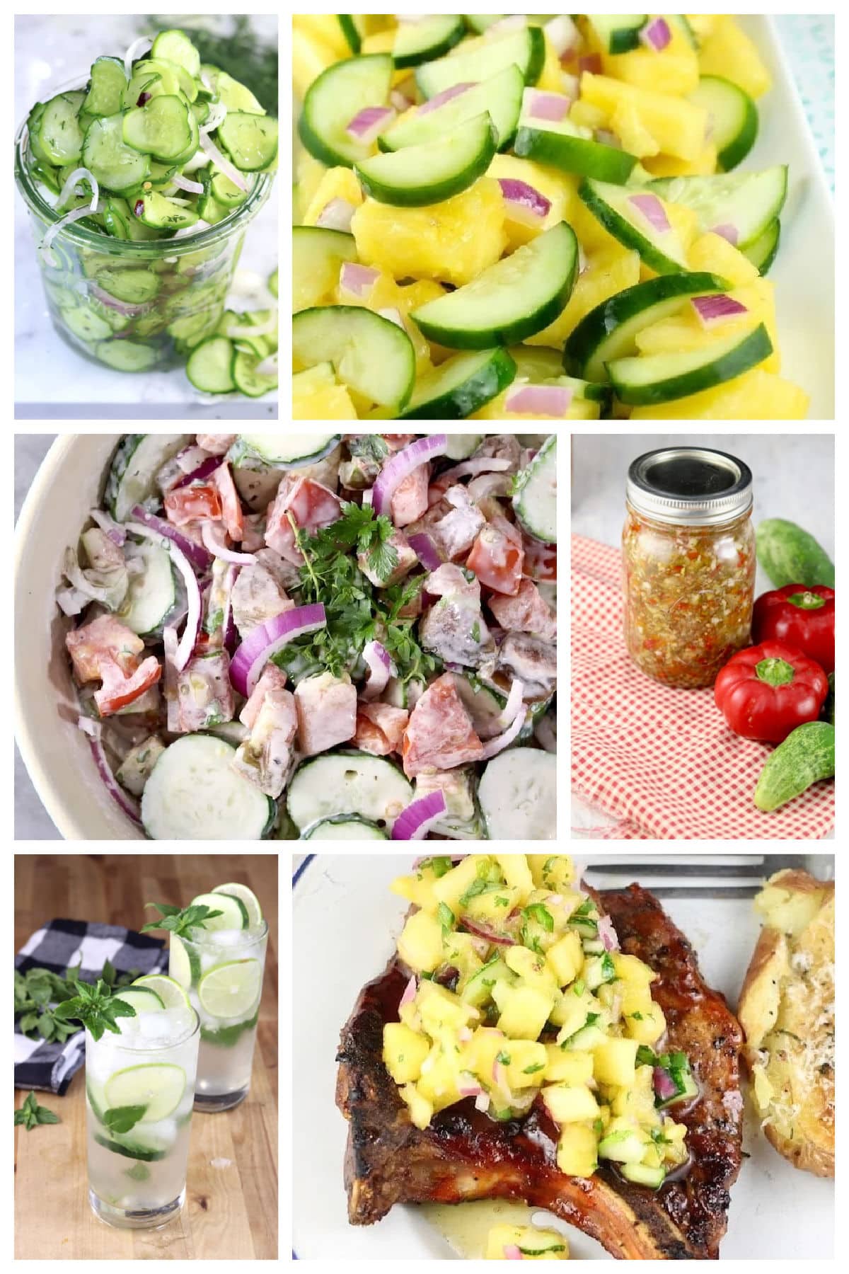 Collage of cucumber recipes.