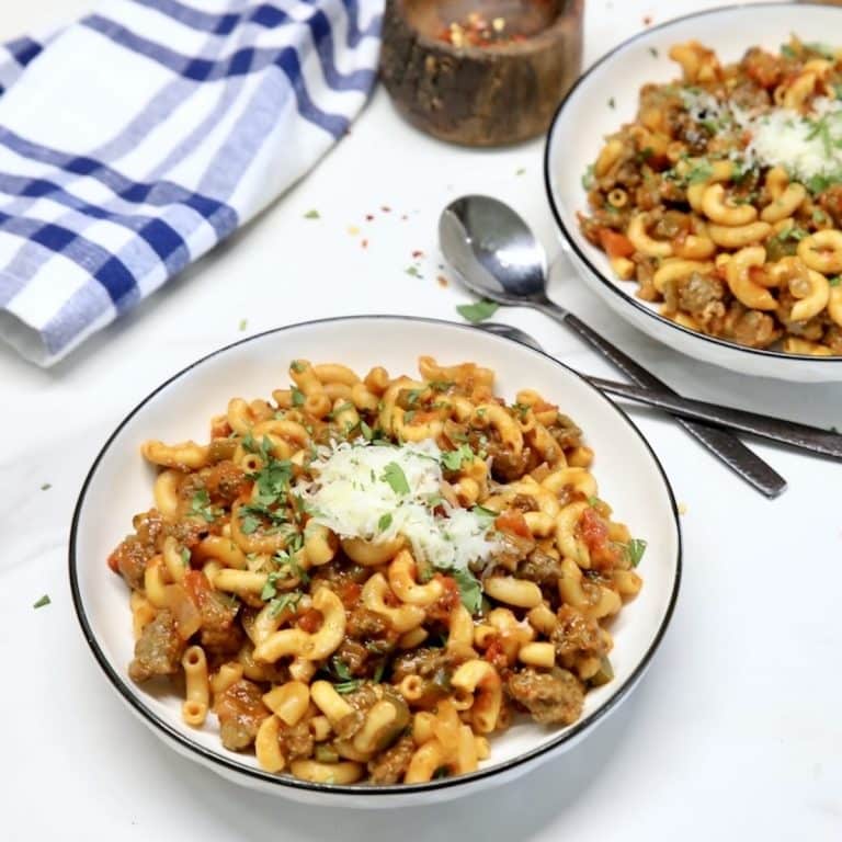 Bowls of sausage goulash.