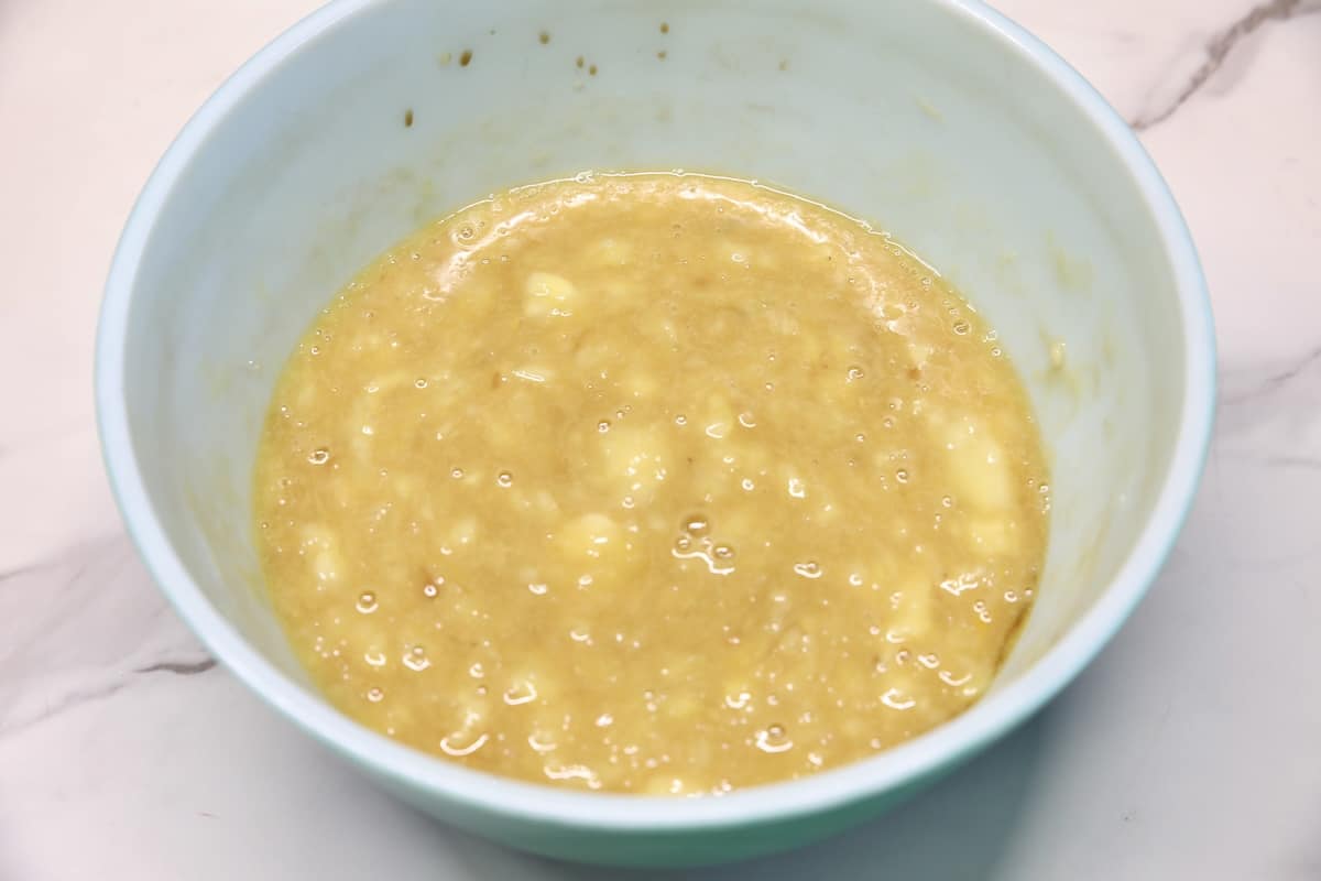 Bowl of banana bread batter.