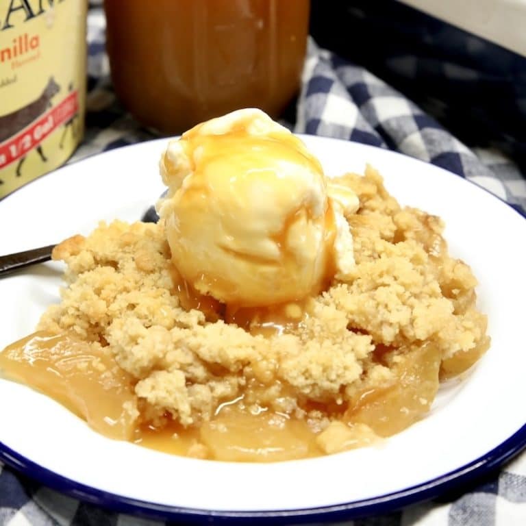 Carmel apple crumble with vanilla ice cream and caramel sauce.