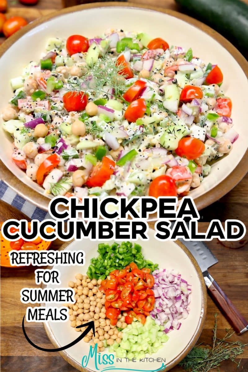Chickpea salad with cucumbers and tomatoes - collage with and without dressing.
