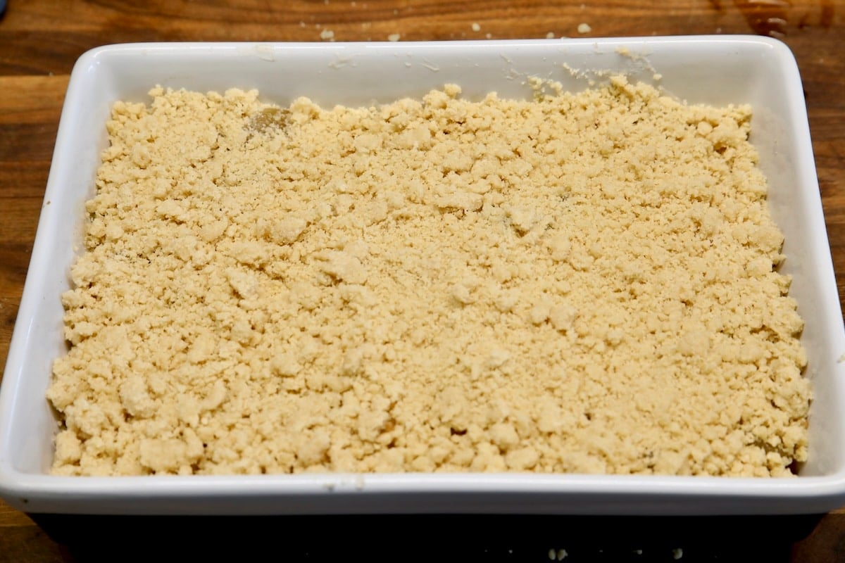 Crumble topping with caramel pie filling.