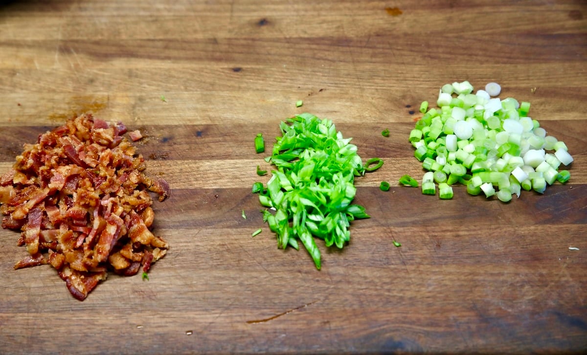 Chopped bacon, green onions.