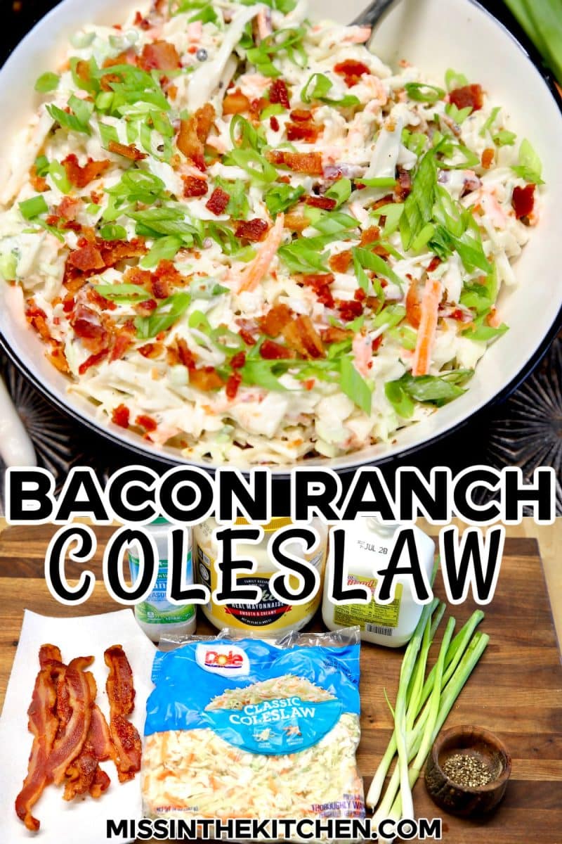 Collage: coleslaw in a bowl/ingredients - text overlay.
