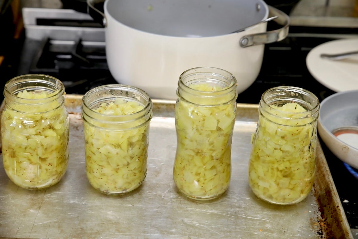Banana pepper relish with canning instructions. Banana Pepper Relish in 4 jars.