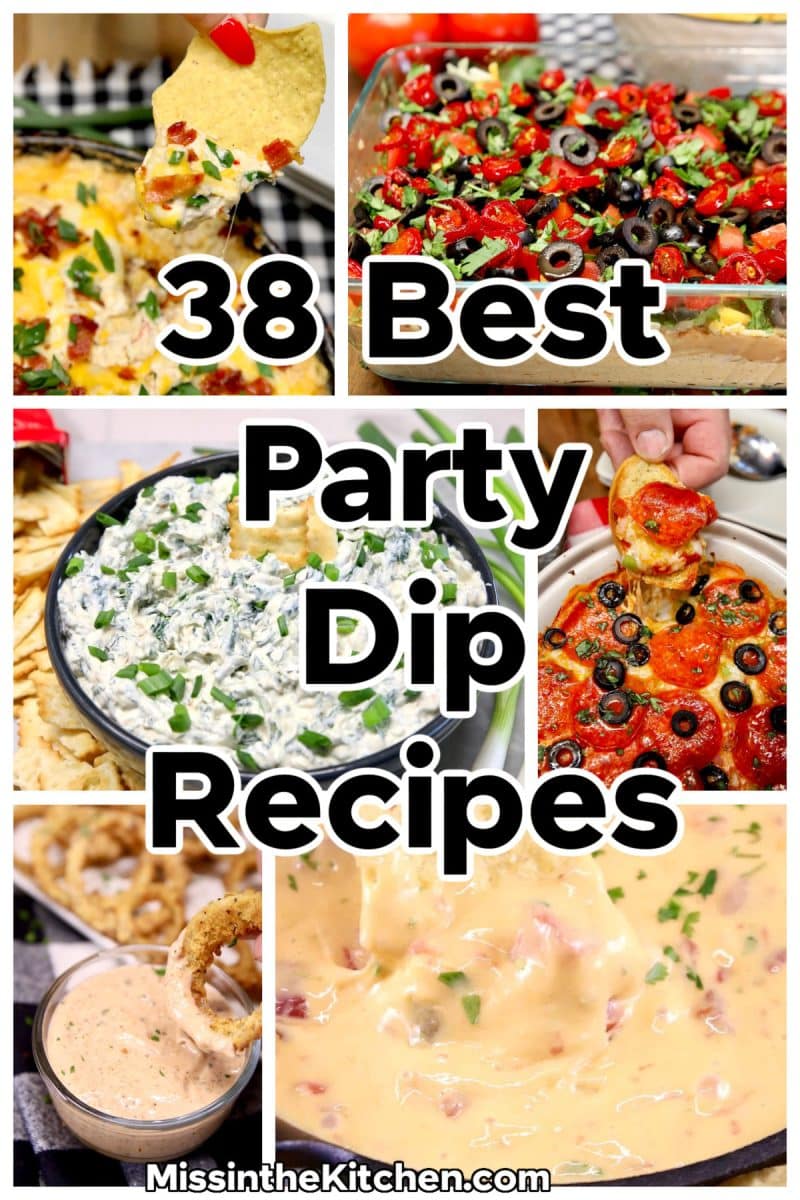 Collage of party dips with text overlay.