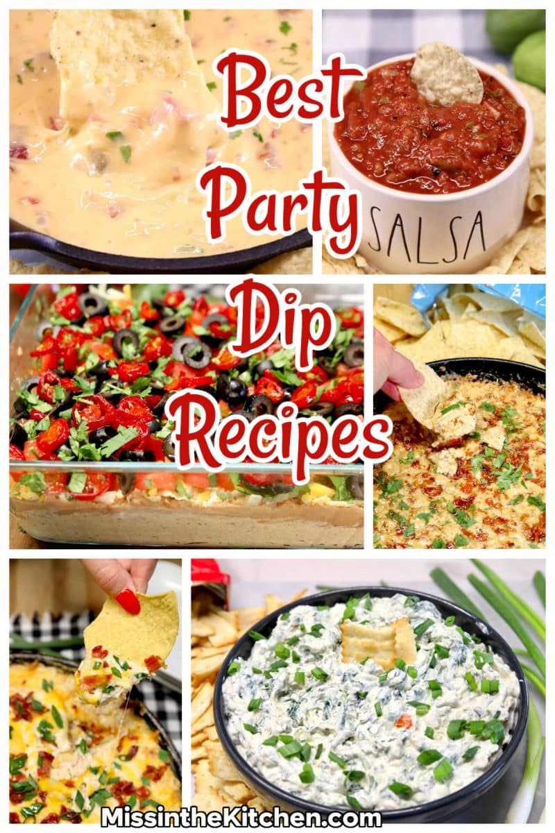 Party dip recipes collage with text overlay.
