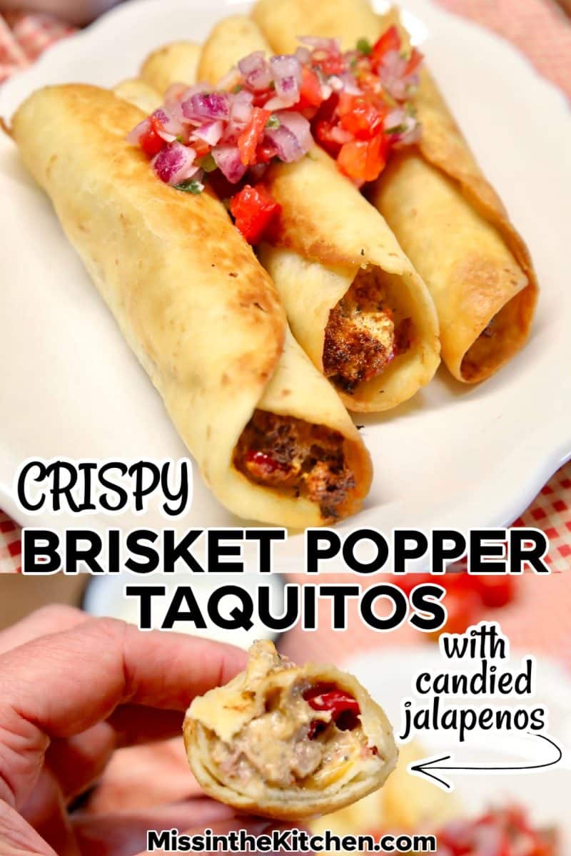 Crispy brisket popper taquitos collage: plated/center showing.