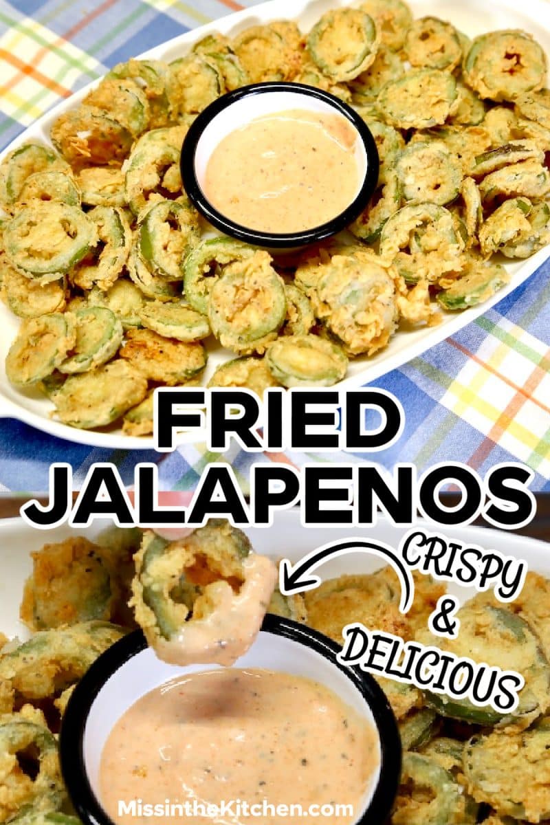Fried jalapenos on a platter with sauce/dipping into sauce - text overlay.
