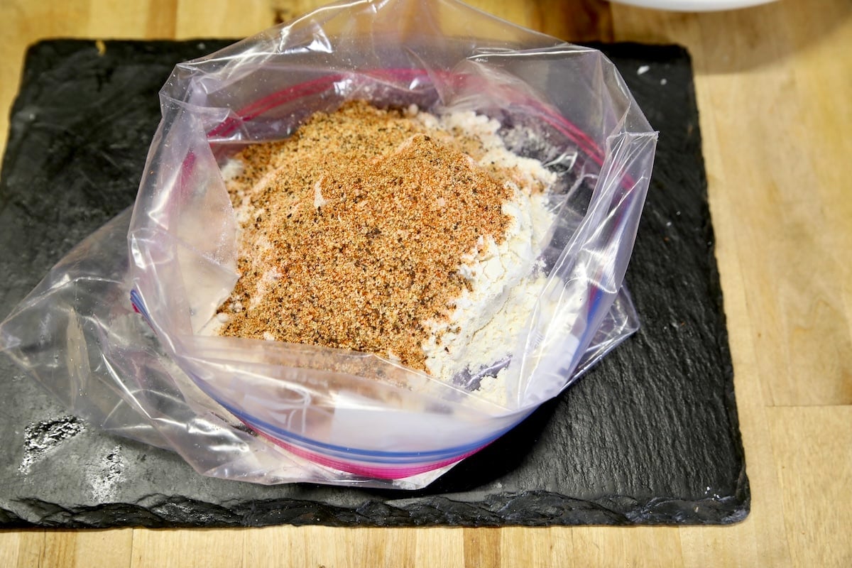 Ziploc bag of flour and seasoning salt.
