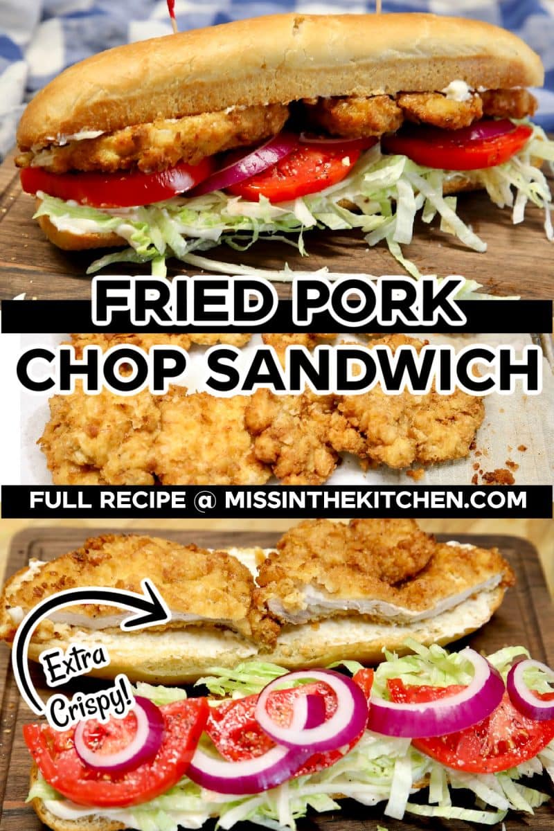 Collage: pork chop sandwich, fried pork chops, open sandwich.