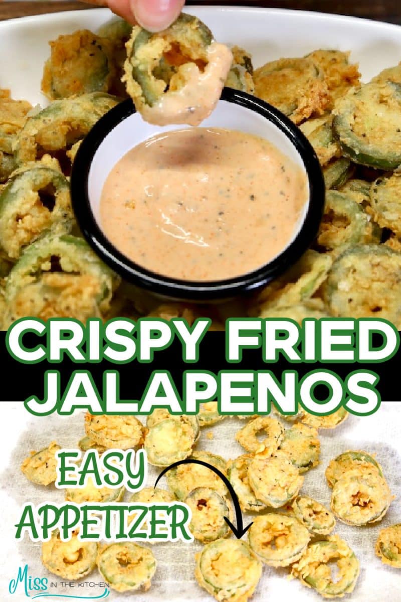 Collage: dipping fried jalapeno slices in sauce, on a paper towel.