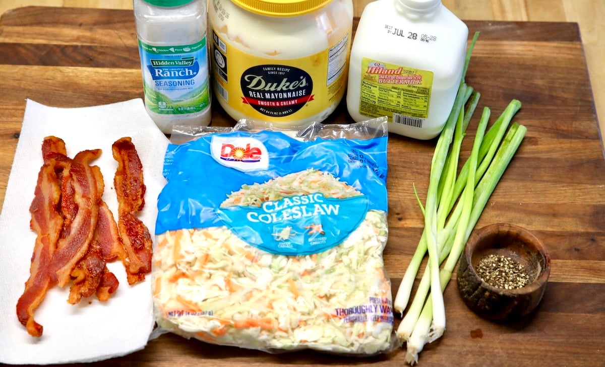Ingredients for coleslaw with ranch dressing and bacon.