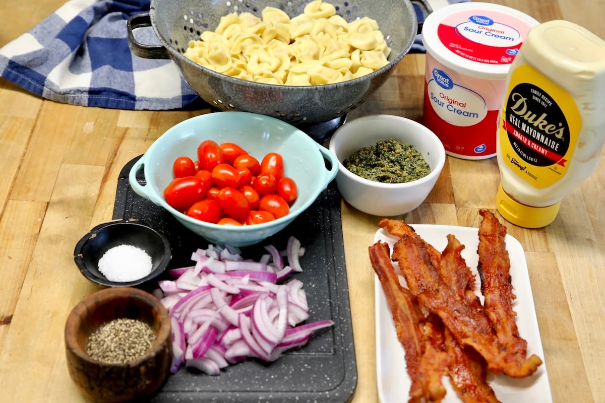 Ingredients for tortellini pasta salad.
