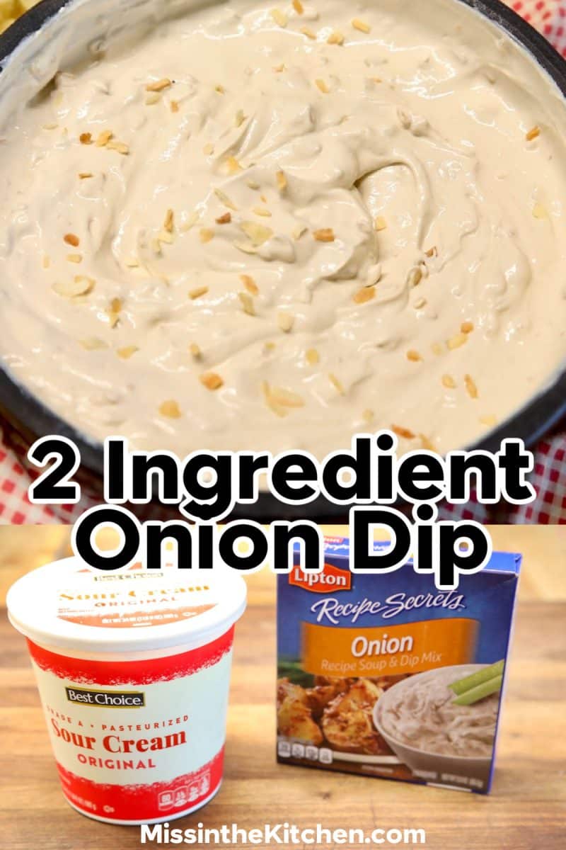 Collage: 2 ingredient onion dip: in a bowl/ingredients.