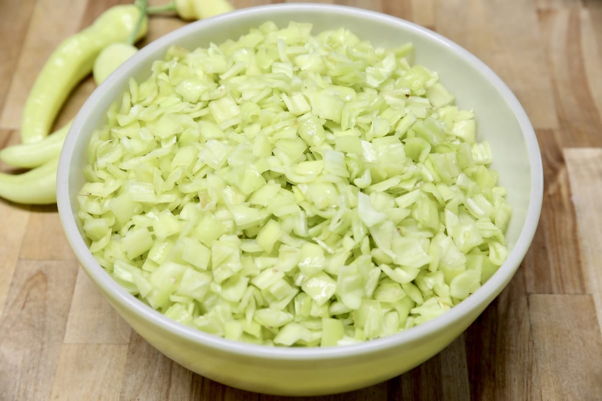Bowl of chopped banana peppers.