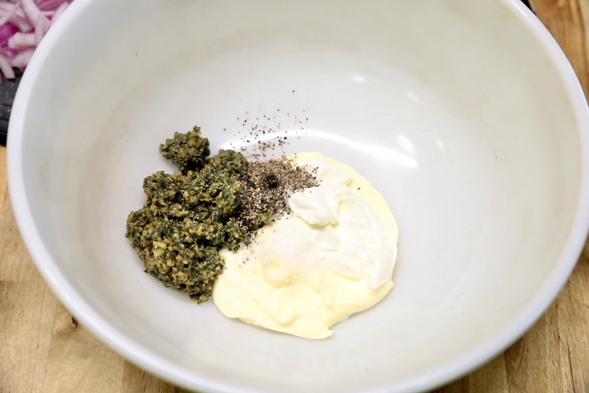 Pesto dressing with mayo.