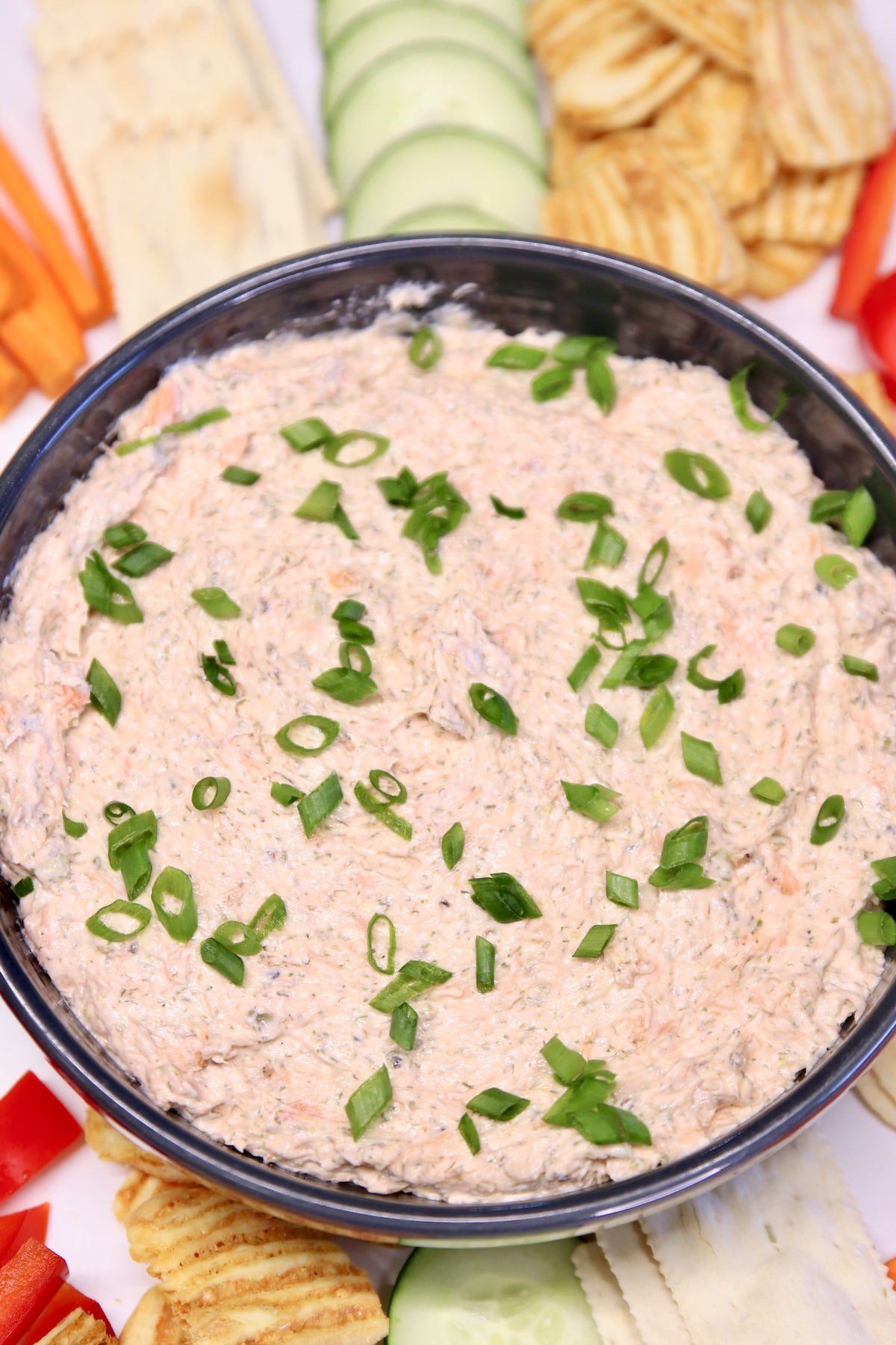Salmon Cream Cheese Dip in a bowl with green onions.