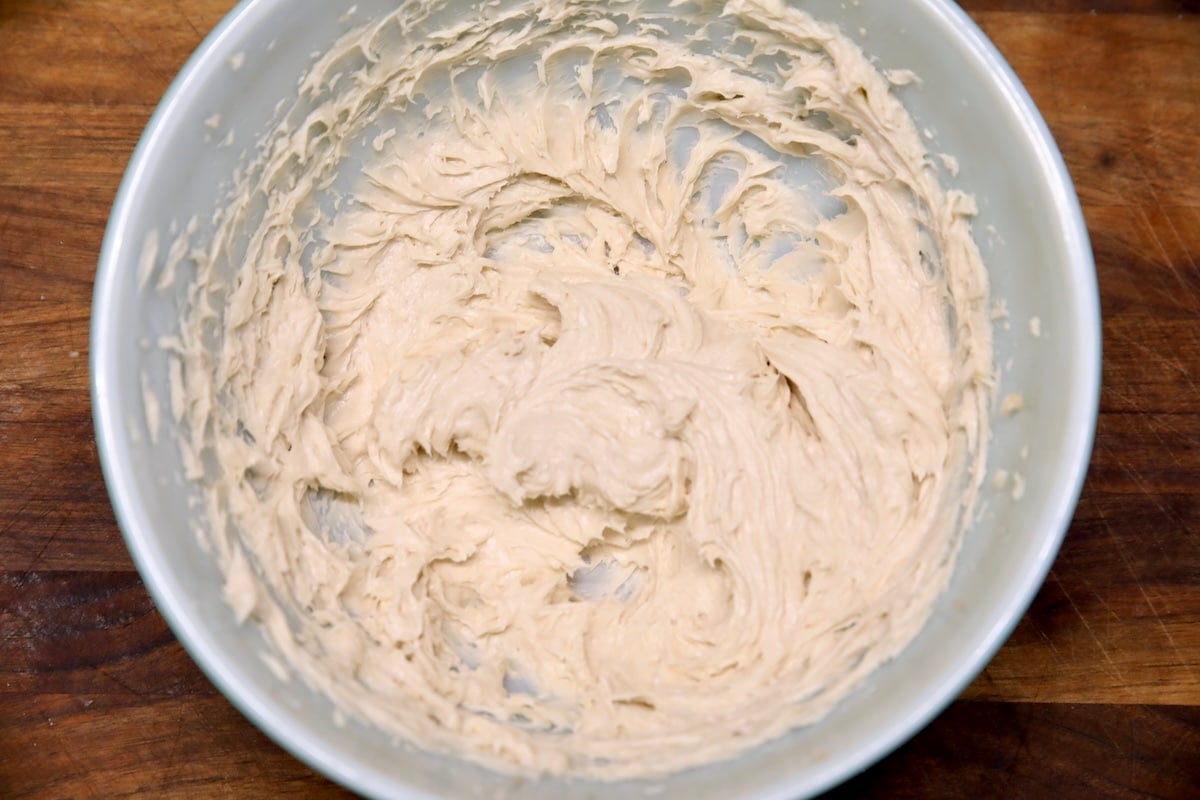 Cheesecake filling in a bowl for cruffins.
